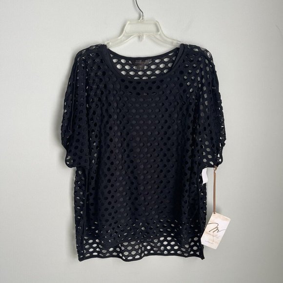 New MiracleBody MiraclueSuit Black Short Sleeve Open Knit Top with Tank - Picture 1 of 9